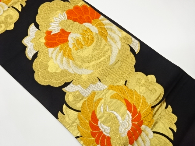 Woven pouch obi with crane, phoenix, and abstract floral pattern